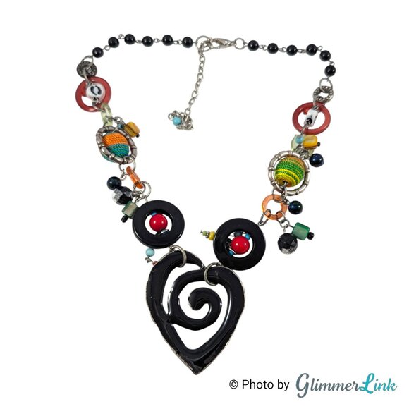 Colorful Mixed Media Heart Pendant Statement Necklace Boho Artsy - Picture 5 of 12